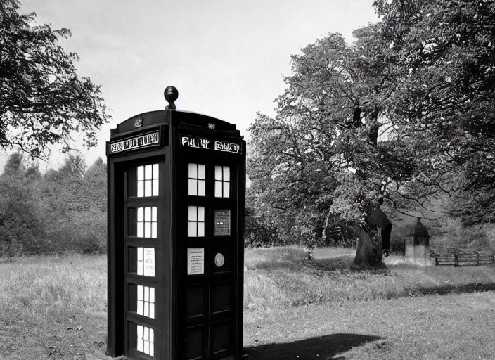 Image similar to photo of a metropolitan police box partially obscured by trees in rural london, police box, tardis, 1936, sepia