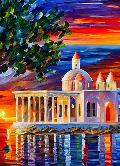 Prompt: beautiful seaside greek chapel in village at sunset in the style of leonid afremov