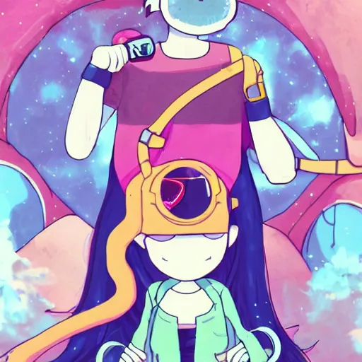 Image similar to relaxing in space in the style of lo-fi girl, anime, adventure time,