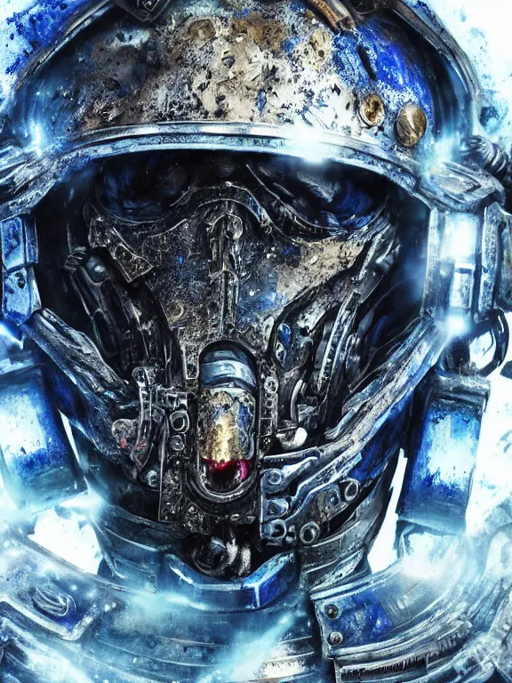 Image similar to portrait art of 8k ultra realistic undead space marine,smashed helmet, detailed blue intricate ornate armour,decaying, cybernetic, full of colour, cinematic lighting, battered, trending on artstation, 4k, hyperrealistic, focused, extreme details,unreal engine 5, cinematic, masterpiece, art by ayami kojima, giger