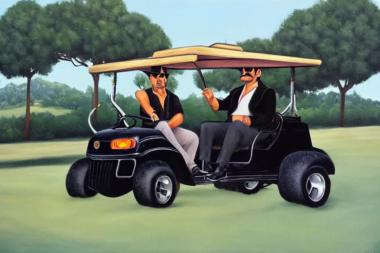 Image similar to black velvet painting of burt reynolds from smokey and the bandit driving a golf cart