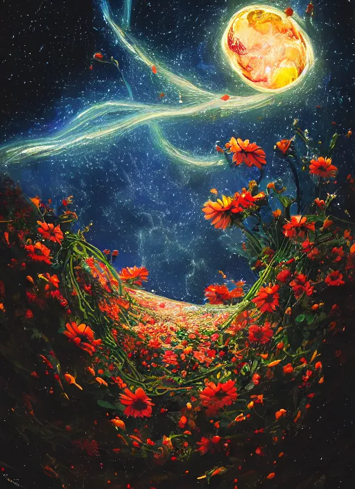 Image similar to An epic fantastic realism comic book style painting of the most beautiful entwined flowers launched across the dark and starry night sky, nebulous bouquets, fisheye lens, unreal 5, DAZ, hyperrealistic, octane render, dynamic lighting