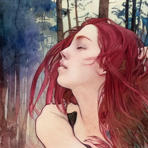 Prompt: side view a beautiful and inspiring intricate watercolor illustration artwork red hair girl in the forest, feeling the nature, eyes closed, 4 k, ultra - wide angle, by william turner, by victo ngai, by alphonse mucha, by miho hirano, hd, trending on artstation, hyper detailed, muted colors, inspiring, beautiful, energetic