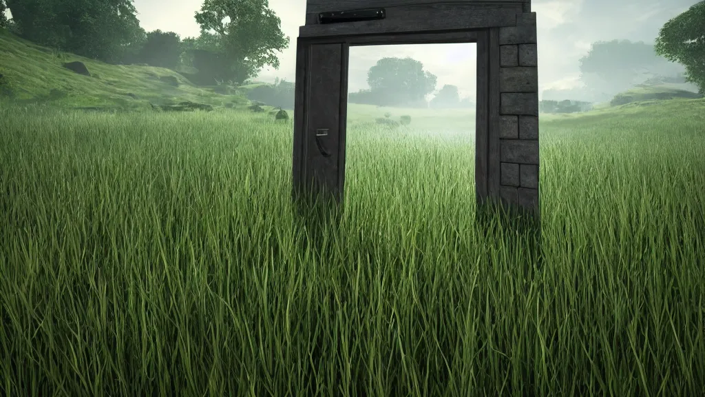 Prompt: a door portal in a middle of a grass field. unreal engine.