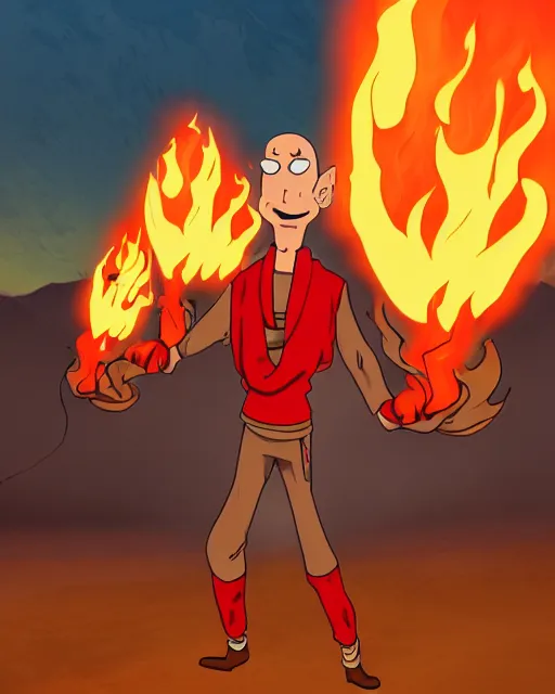 Image similar to squidward wearing fire nation clothing and practicing firebending outside at susnset