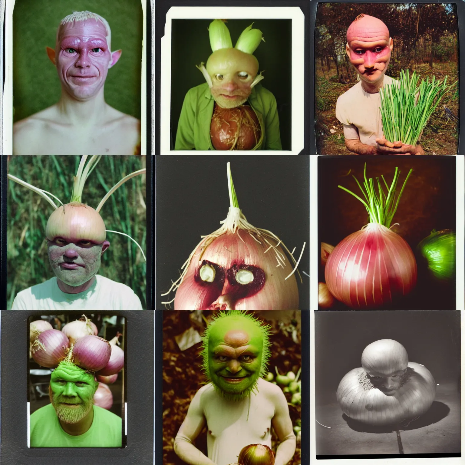 Prompt: polaroid photo of onion man, human onion hybrid, surrounded by onions and flesh