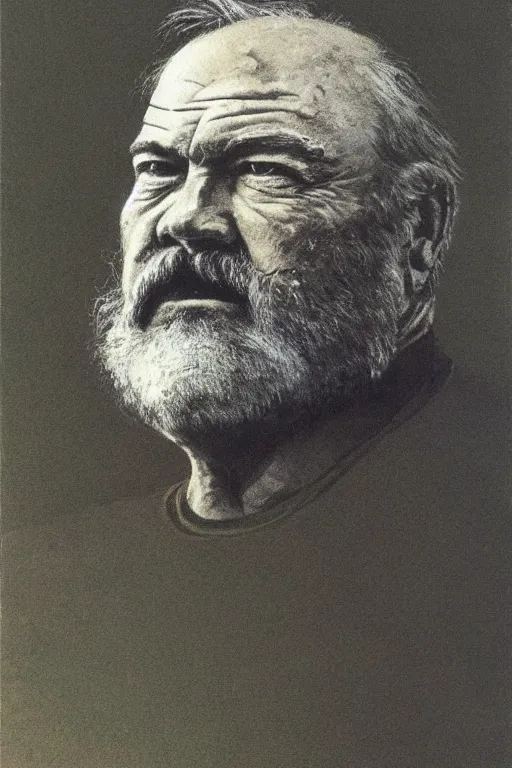 Prompt: portrait of Ernest Hemingway by Zdzislaw Beksinski