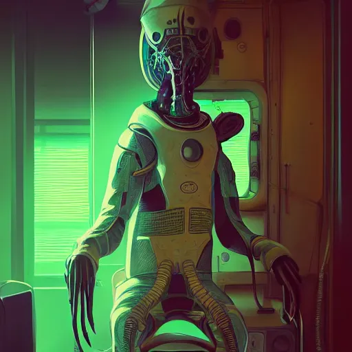 Image similar to portrait of a squid monster astronaut, in a 1970s livingroom , full body portrait, well lit, intricate abstract. cyberpunk, intricate artwork, by Tooth Wu, wlop, beeple. octane render, trending on artstation, greg rutkowski very coherent symmetrical artwork. cinematic, hyper realism, high detail, octane render, 8k, minimalistic, hyperrealistic surrealism, award winning masterpiece with incredible details, a surreal vaporwave liminal space, highly detailed, trending on ArtStation