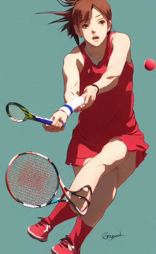 Image similar to anime style, female tennis player, red sport clothing, match point, brown short hair, hair down, symmetrical facial features, from arknights, hyper realistic, rule of thirds, extreme detail, 4 k drawing, safebooru, realistic lighting, by alphonse mucha, greg rutkowski, sharp focus, backlit