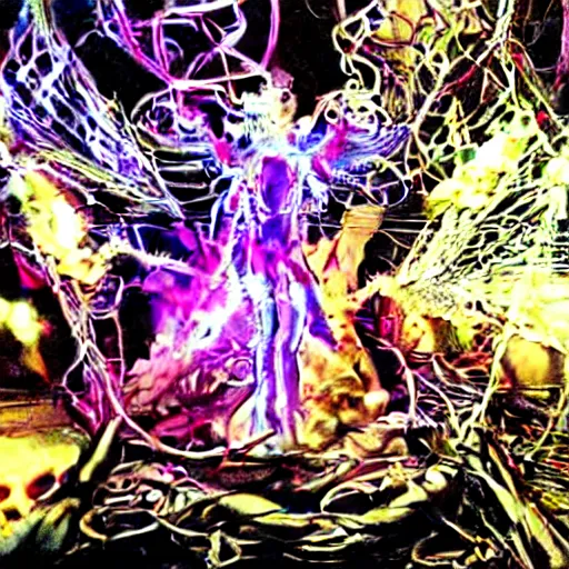 Image similar to cybercore dragon angel pimp demonoid disappearing into a portal covered in wires damnation emerging in the middle of my digusting dirty room, holy ceremony, low quality photo, flikr , creepy, hypermaximalist, trail cam found footage, realistic, , intricate fine detail