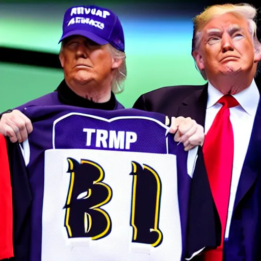 Prompt: Donald Trump wearing a Baltimore Ravens jersey, ultra realistic, 8k