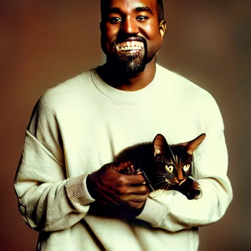 Prompt: Kanye West happy while holding a cat for a 1990s sitcom tv show, Studio Photograph, portrait, very happy C 12.0