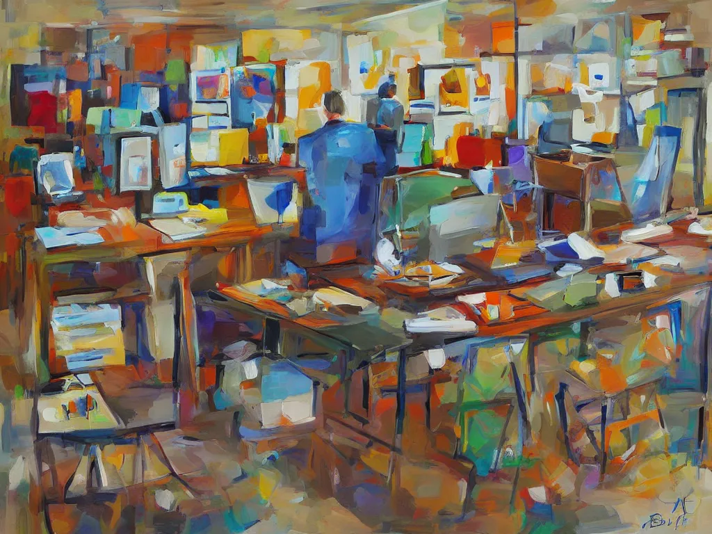 Image similar to painting gallery workplace, art style by bryen frost