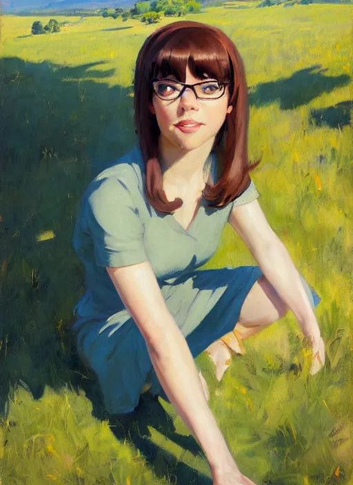 Image similar to Greg Manchess painting of grown-up Velma Dinkley, winged eyelashes, countryside, calm, fantasy character portrait, dark outlines, dynamic pose, above view, sunny day, artwork by Makoto Shinkai, very coherent asymmetrical artwork, sharp edges, perfect face, simple form, 100mm