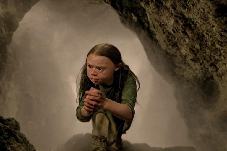 Image similar to greta thunberg as gollum, holding the ring, inside a cave, fog, cinematic, still shot from the new lord of the rings movie