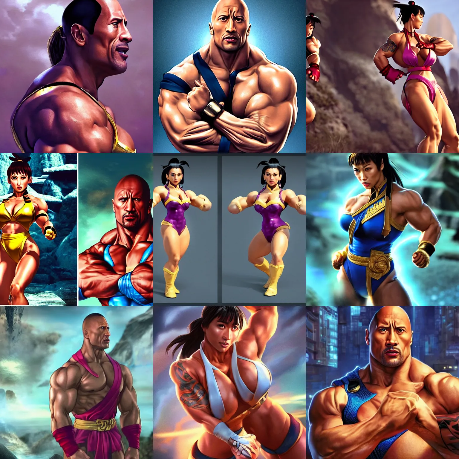 Prompt: dwayne johnson in tight woman chun li outfit with dwayne johnson face and dwayne johnson body, visible head and eyes, dwayne johnson dressing like chun li in street fighter, dwayne johnson wearing chun li's bikini, intricate, epic lighting, cinematic composition, hyper realistic, 8k resolution, unreal engine 5, by Artgerm, tooth wu, dan mumford, beeple, wlop, rossdraws, James Jean, Andrei Riabovitchev, Marc Simonetti, yoshitaka Amano, Artstation
