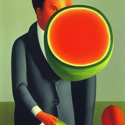 Prompt: painting man with watermelon by Rene Magritte