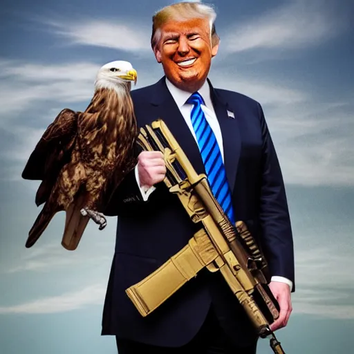 Image similar to Donald Trump holds a machine gun with an eagle on his shoulder, hd, dramatic, patriotic