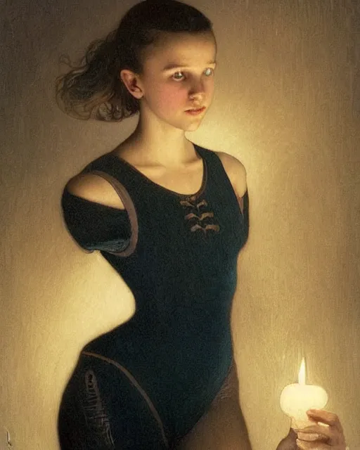 Image similar to a shadowy portrait painting of a shy, blushing 1 6 - year old alicia vikander or millie bobby brown in a leotard lit by candlelight at night, intricate, elegant, highly detailed, artstation, concept art, by krenz cushart and donato giancola and william adolph bouguereau and alphonse mucha