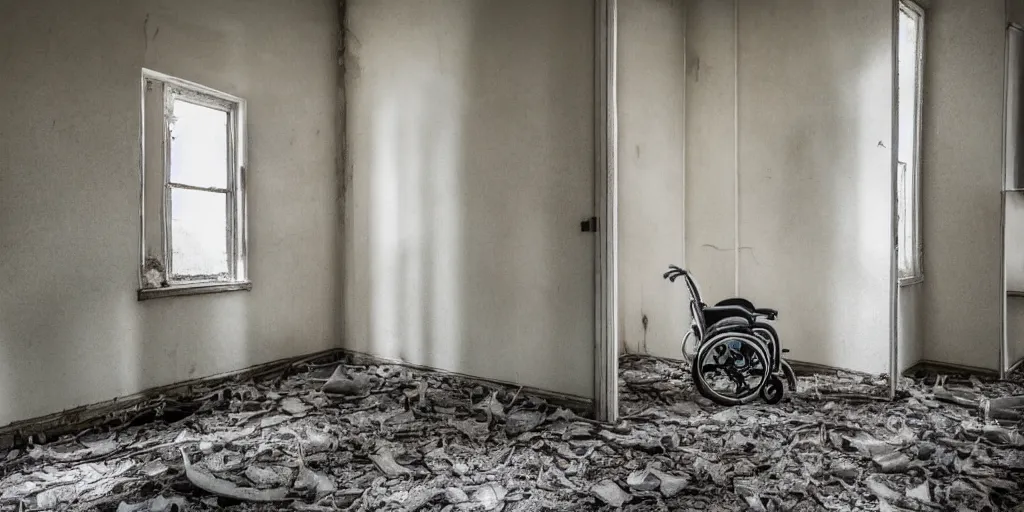 Image similar to abandoned psychiatric ward with paint peeling of the walls, dirty floor, broken wheelchair, stained bed, photography