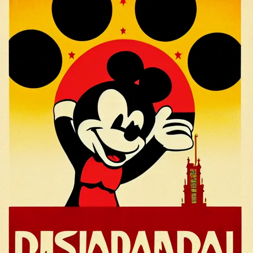 Image similar to Disneyland in the style of a 1930's soviet propganda poster, yellow, black, red, grainy, disneyland