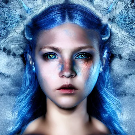 Image similar to The dragon girl portrait, portrait of young girl half dragon half human, dragon girl, dragon skin, dragon eyes, dragon crown, blue hair, long hair, highly detailed, cinematic lighting, Matte painting by David Lynch