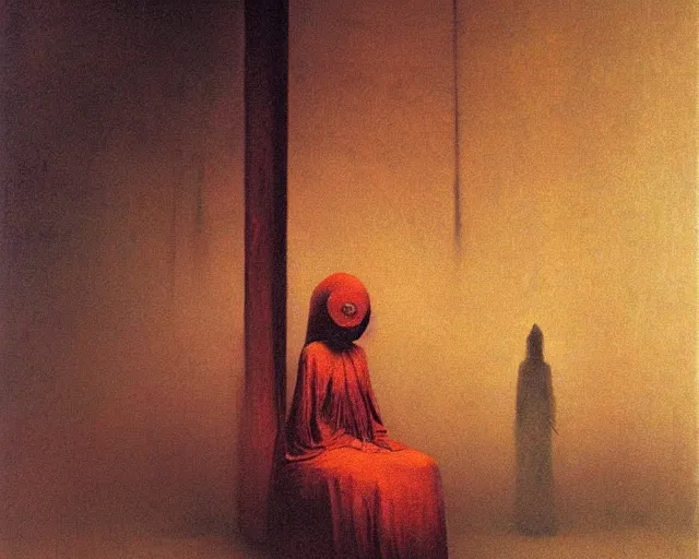 Prompt: by francis bacon, beksinski, mystical redscale photography evocative. devotion to the scarlet!!! woman!!!, priestess in a conical!!! hat, coronation, ritual, sacrament