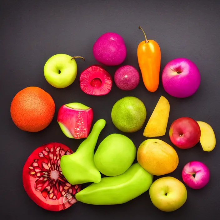 Prompt: studio photo of various cube shaped fruit, bright studio lighting, vibrant colors, clear professional photography