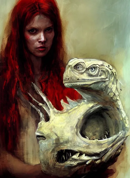 Image similar to portrait painting of beautiful red head ancient irish celtic priestess holding a velociraptor skull, by jeremy mann, only one head single portrait