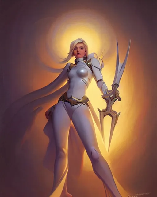 Image similar to mercy from overwatch, radiant light, caustics, by boris vallejo, gaston bussiere, bayard wu, greg rutkowski, giger, maxim verehin