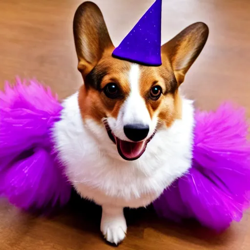 Image similar to a corgi wearing a purple party hat and a red bowtie