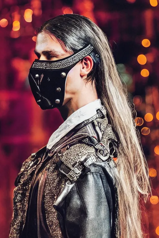 Prompt: fashion show featuring men's wear based in 9 0 s england, fashion photography, vogue cover, elaborate lights. mask on face, accurate details, ultra hd, beautiful background