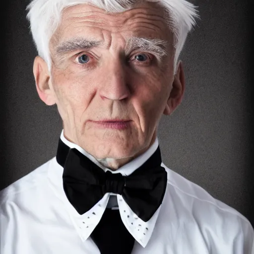 Image similar to 8 0 year old black suit white shirt, black bowtie, white haired man, determined, fearless, sharp looking portrait, oil painting