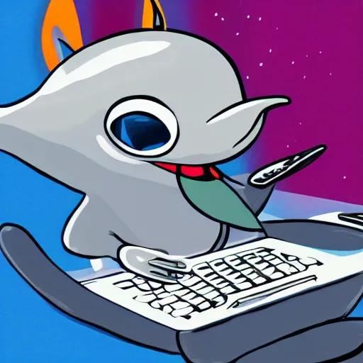 Image similar to An anthropomorphic grey dolphin wearing a white lab-coat and playing games on a computer, digital painting, close-up