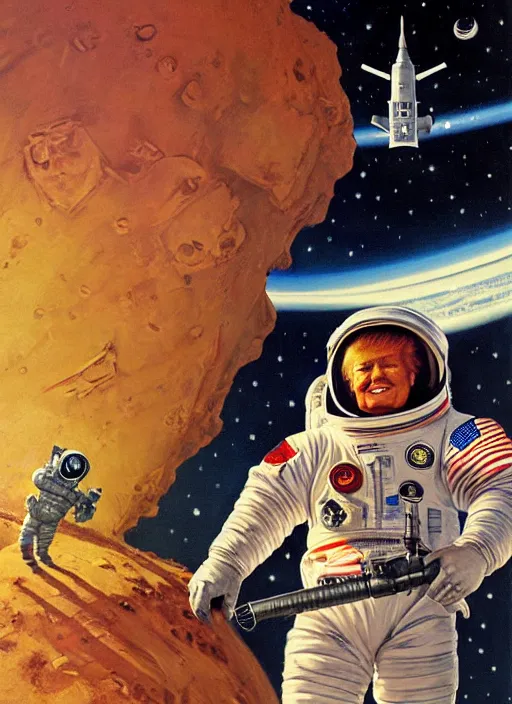 Image similar to painting of donald trump astronaut on mars holding a ray gun by norman rockwell, by drew struzan, high res