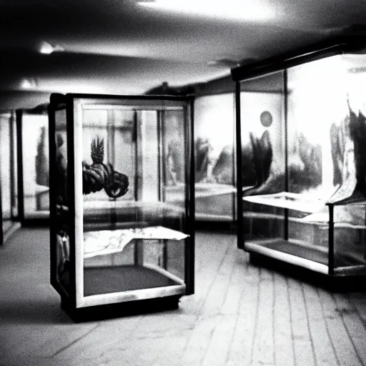 Image similar to spooky creepy liminal space, display case, aquatic exhibition museum, dried aquarium, computer screens, photo taken on 1 9 8 0 s fujifilm superia