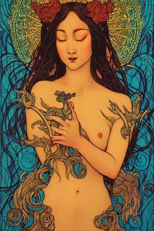 Image similar to Devil by Audrey Kawasaki in the style of Gaston Bussière, art nouveau