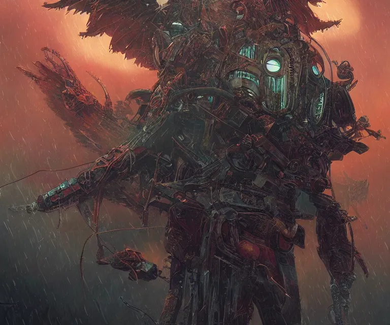 Image similar to a beautiful tarot card artwork of a cyberpunk fallen dark seraphim, horror, backlit, gloomy sky, highly detailed, digital painting, scales, by eddie mendoza and greg rutkowski and dan mumford and artgerm, vivid colors, masterpiece, detailed shading, 8 k resolution, intricate, smooth