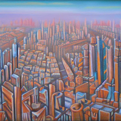 Prompt: City made of clay, surrealism, oil on canvas