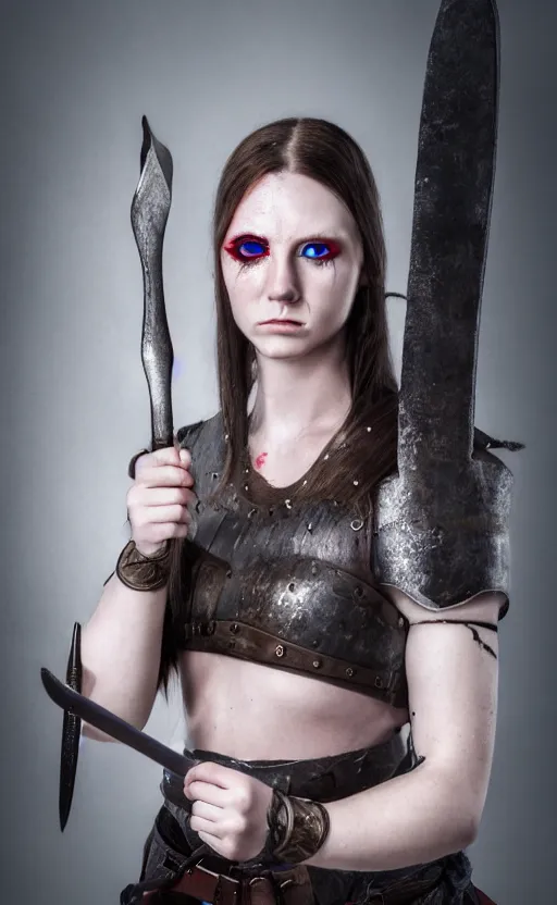 Image similar to photorealistic portrait of female viking warrior with black hair and bloody nose, blue eyes, porcelain skin, shoulders, determined