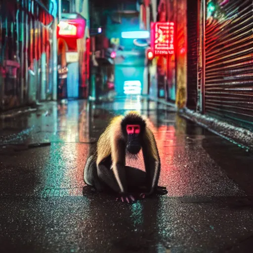 Image similar to a high quality low wide angle photo of a Mandrill monkey on the streets of a cyberpunk city, rainy, reflective ground, neon lights, realism, 8k