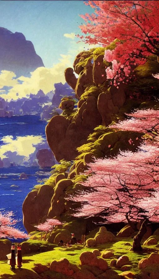 Image similar to ghibli illustrated background of a strikingly beautiful landform with strange rock formations and red water and cherry blossoms by vasily polenov, eugene von guerard, ivan shishkin, albert edelfelt, john singer sargent, albert bierstadt 4 k