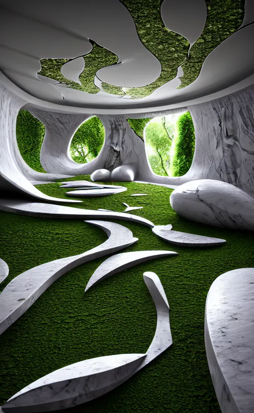 Image similar to highly detailed ultra sharp 3 d render villa interior cinematic composition of a smooth ceramic porcelain biomorphic magnolia stone nebula fluid fractal sci - fi surreal architecture landscape, granite, metallic, magnesium, marble, moss and lichen, vincent callebaut composition, mamou - mani, archviz, beautiful lighting, 8 k, unreal engine, hdr,