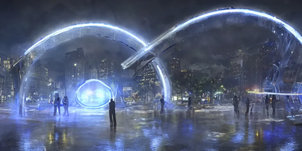 Image similar to policemen protecting a huge spiral - shaped bright white luminous attractor right in the center of the city from protesting people,, rain and light fog, professional lighting, concept art in 3 d, high detail, professional lighting, unreal engine