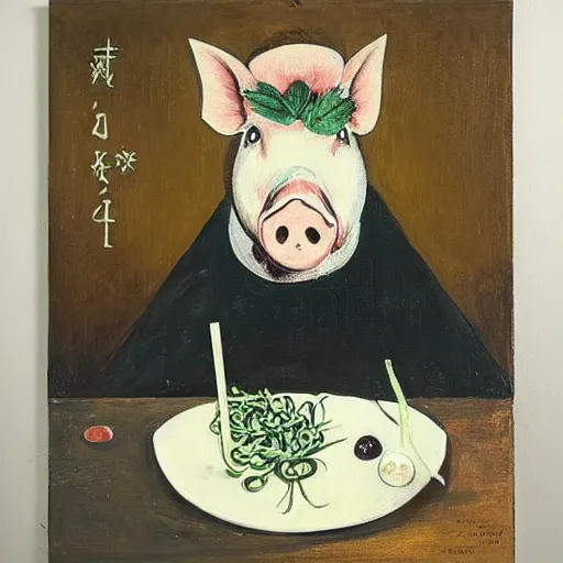 Image similar to “a portrait in an art student’s apartment, pig paintings on the wall, pork, ikebana white flowers, white wax, squashed berries, acrylic and spray paint and oilstick on canvas, by munch and Dali”