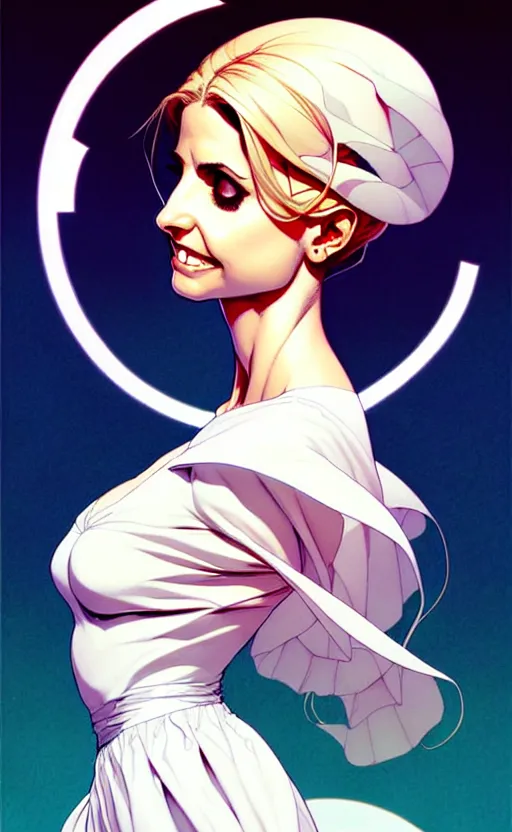 Image similar to artgerm, joshua middleton comic cover art, pretty ghost sarah michelle gellar entire full body, floating, creepy smile, white dress, friendly, symmetrical eyes, symmetrical face, long white hair, inside haunted house