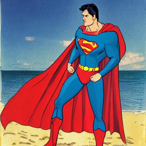 Prompt: superman taking a bath at the beach, trunks, realistic, highly detailed