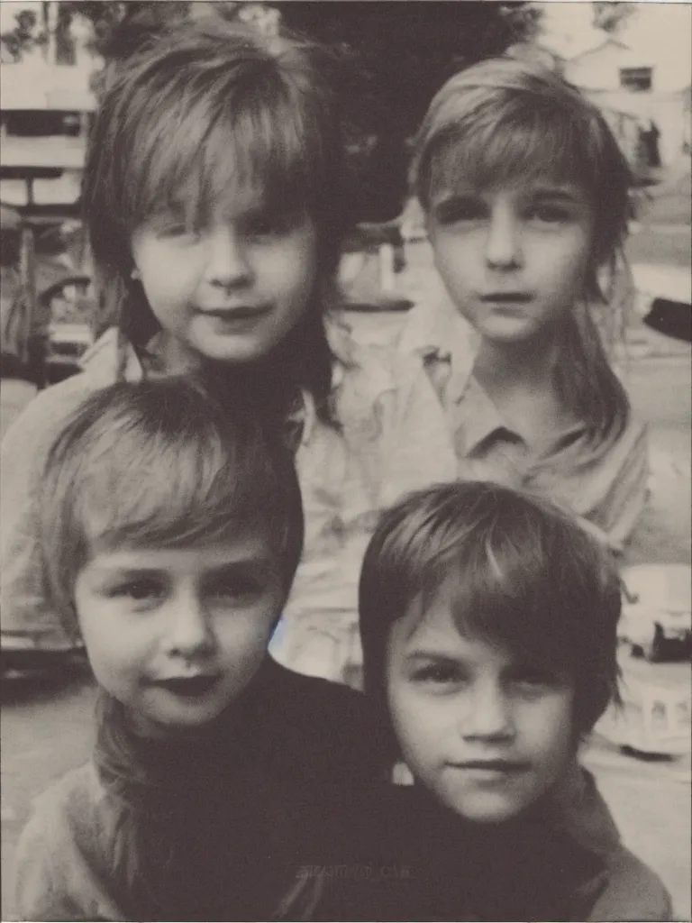 Prompt: two kids, portrait, strong backlight, town square, 1 9 8 0, polaroid