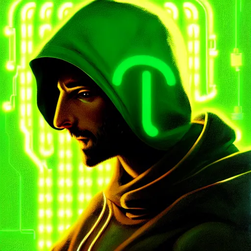 Image similar to portrait of a programmer with green hood by greg rutkowski, neon light