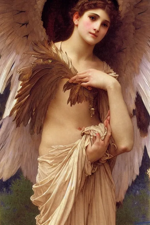 Image similar to painting of a beautiful clothed angel with huge feather wings, intricate, elegant, hyperdetailed by william - adolphe bouguereau and alphonse mucha and john william waterhouse